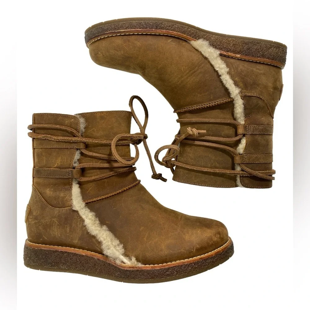 UGG Luisa Chocolate Brown Leather Lace Up Boots  Water-Resistant Size 5.5